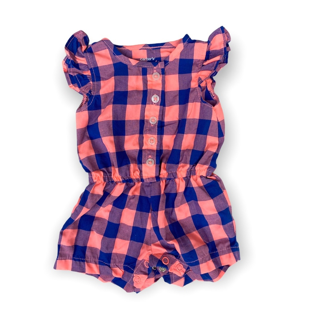 Carter’s Checkered Coral Pink & Blue Romper